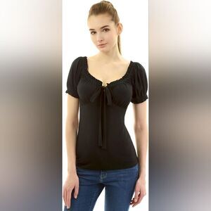 AmélieBoutik Women Ruffle Trim Tie Notch Neck Raglan Puff Short Sleeve Top XS/M